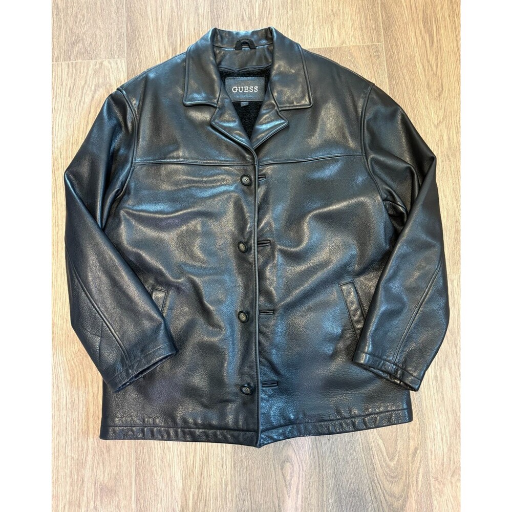 GUESS Vintage Mens Genuine Leather Jacket Sz L Black Zip Out Fleece Button HEAVY